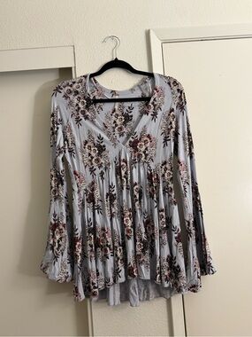 Free People Light Blue Floral V-Neck Peasant Tunic